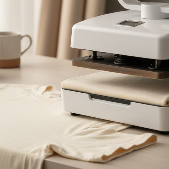 heat press with handle being pulled down, neutral aesthetic