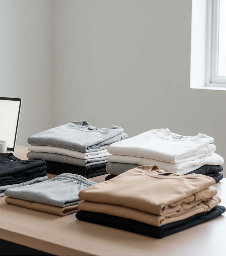 neutral catalogue featuring blank apparel sitting on table near computer